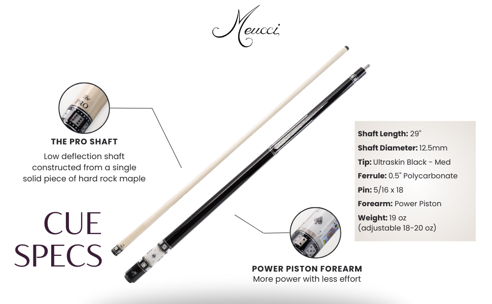 maple pool cues with black cue tips and low deflection pool cue shaft from Meucci