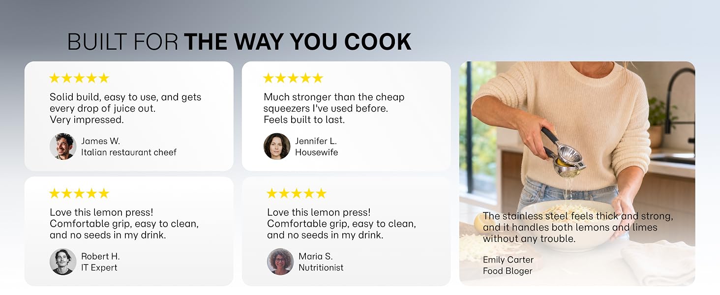 Five star reviews describe a stainless steel lemon lime squeezer with a grip that cleans easily.