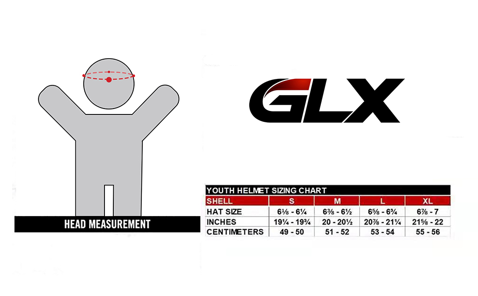 GLX GX623 Youth Kids Helmet Size Convention Chart