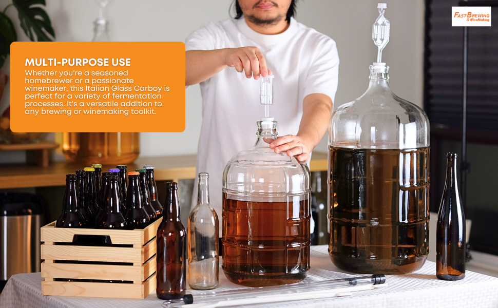 A man homebrewing wine and beer in carboys
