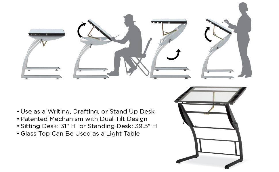 drafting table, drawing table, metal and glass table, standing desk, sit and stand