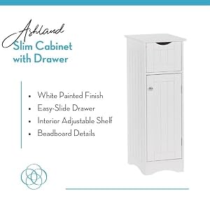 white Slim cabinet with easy slide drawer, interior adjustable shelf and beadboard details