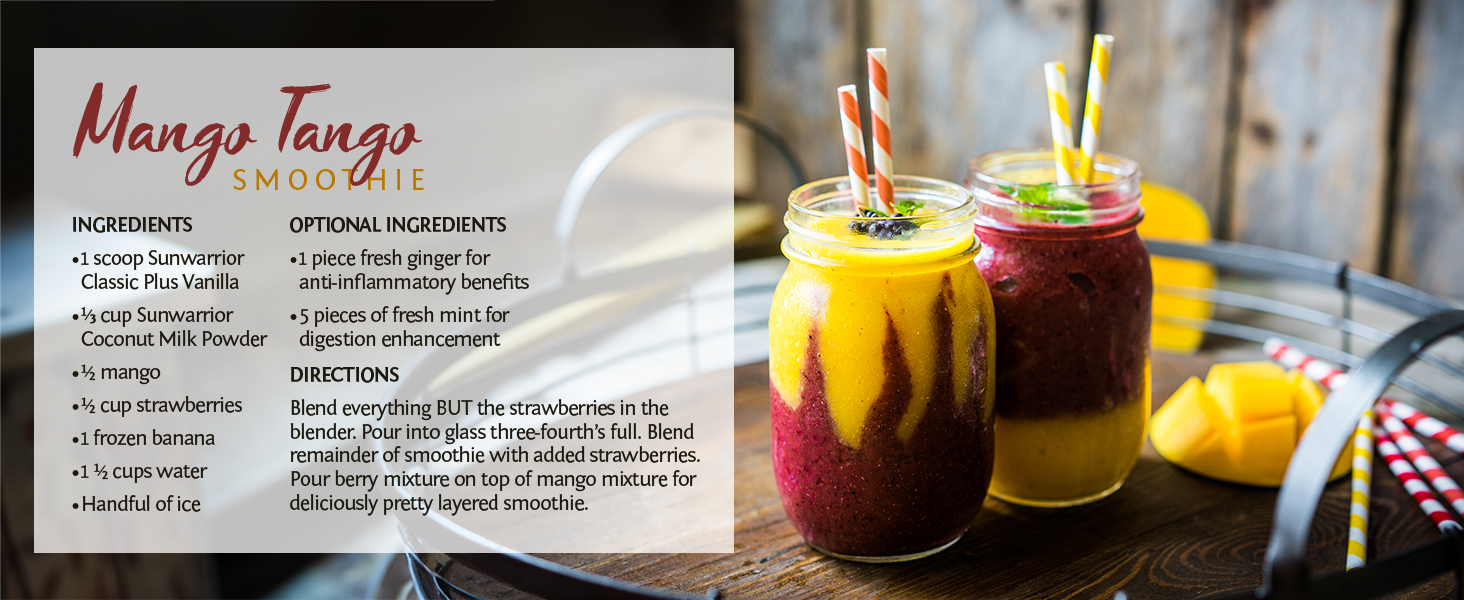 A recipe for Mango Tango Smoothie featuring Sunwarrior Classic Plus Protein Powder.