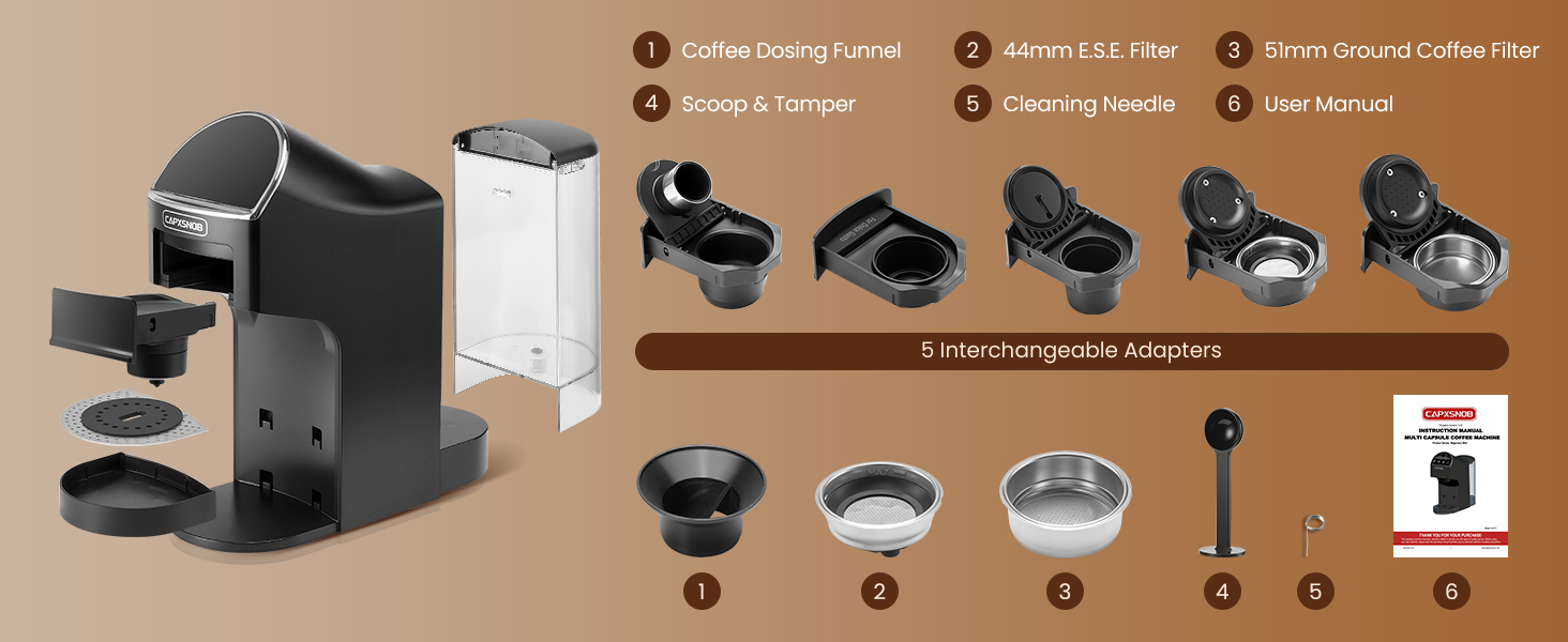 From drip tray pads to 5 adapters and complete accessories, everything is built for your comfort