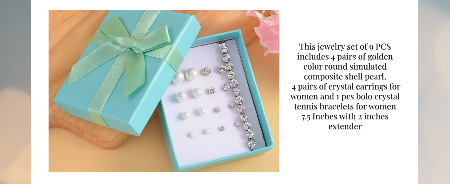 9pcs Crystal Pearl Jewelry Set - 4pcs Shell Pearl Earrings, Crystal Earrings Crystal Tennis Bracelet