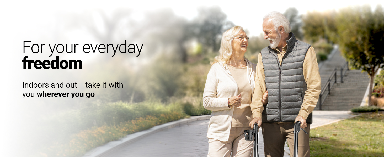 Elderly couple walking outdoors with walking aids. Text promotes 'everyday freedom' and portability of unspecified product.