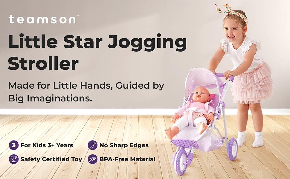 girl pushing a purple baby doll stroller while smiling
