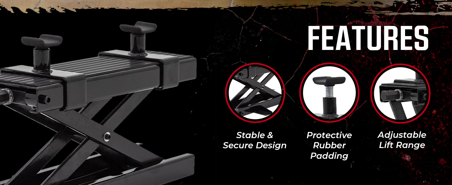 Highlighted features of the motorcycle dolly include aluminum build, ride-on, and caster locks.