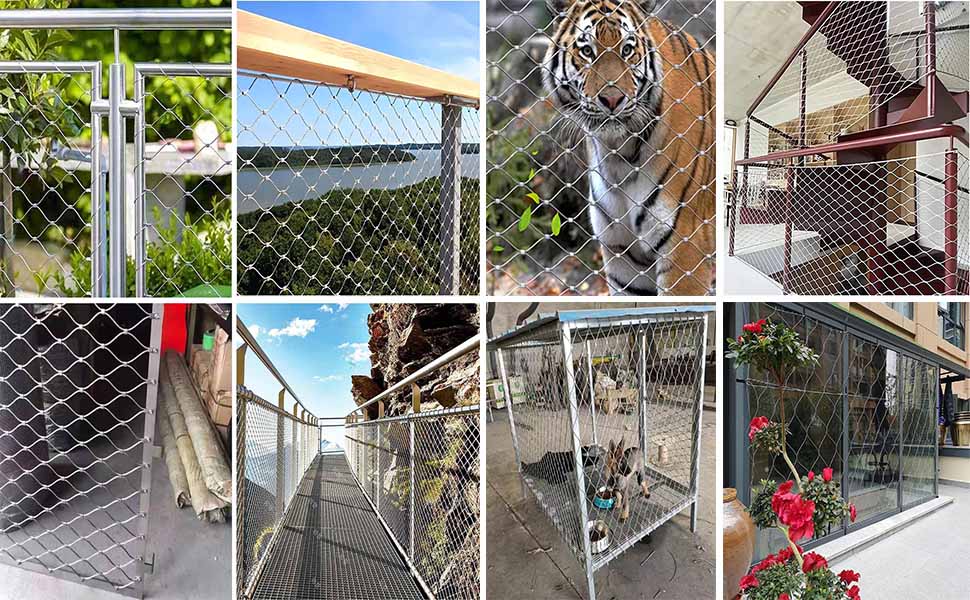 Collection of chain-link fence installations and gates shown in multiple panels, featuring various styles and security configurations.