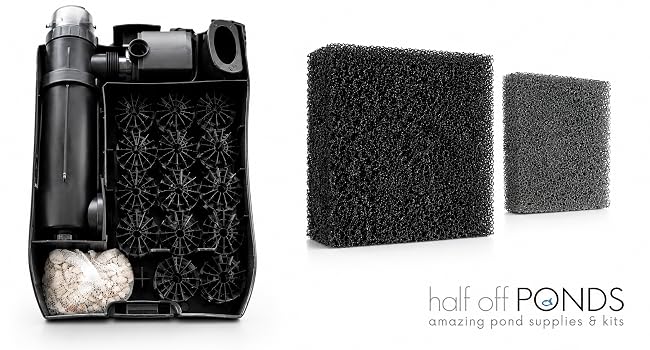Pond filtration kit with bio media, filter foam pad, and Half Off Ponds branding