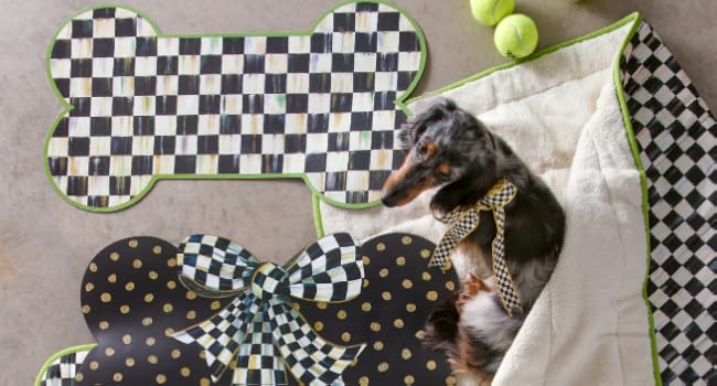 Small dog with Courtly Check Placemat and Courtly Bow Pup Placemat.
