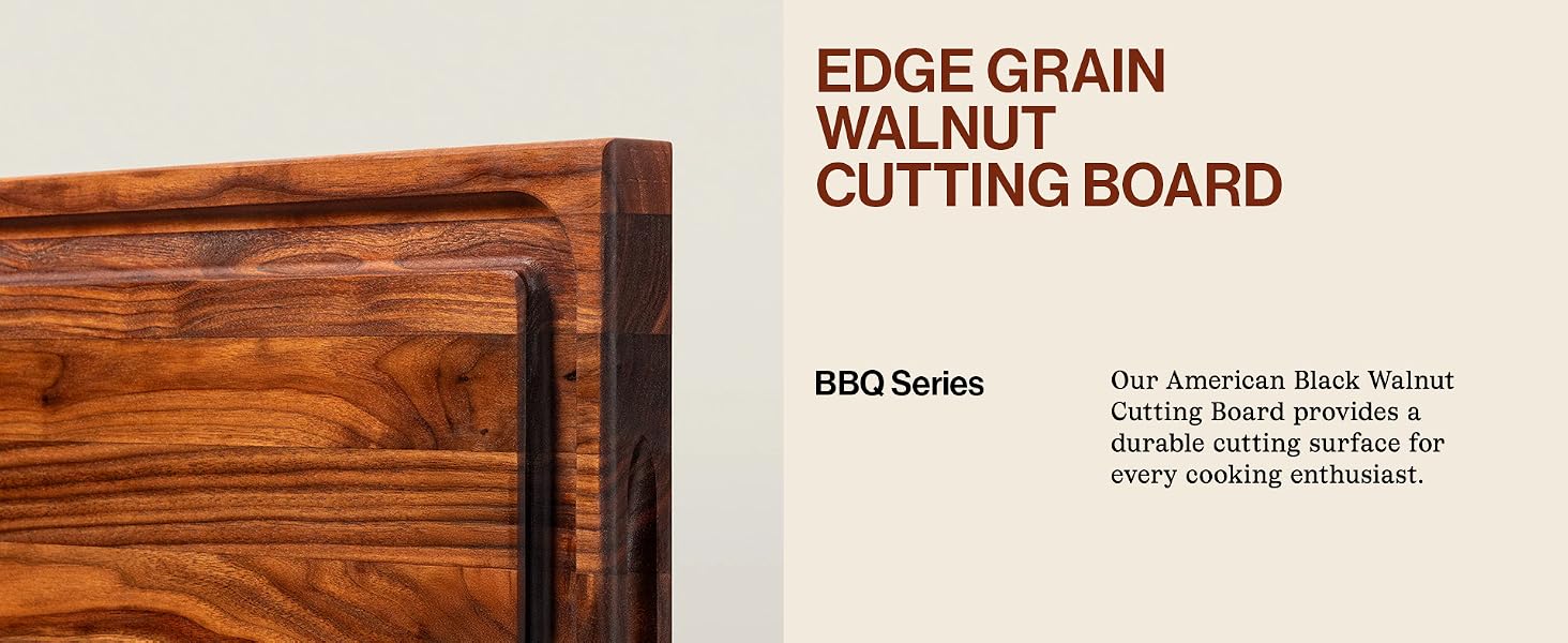 Cutting board rounded edge close-up. Text: Edge Grain Walnut Cutting Board.