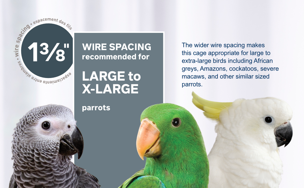1-3/8 inch wire spacing, recommended for large to extra-large birds