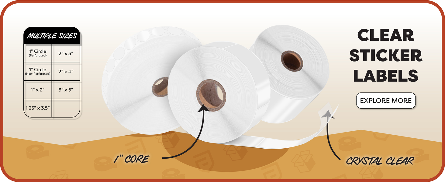Three rolls of our crystal-clear sticker labels with both round and rectangular sizes listed.