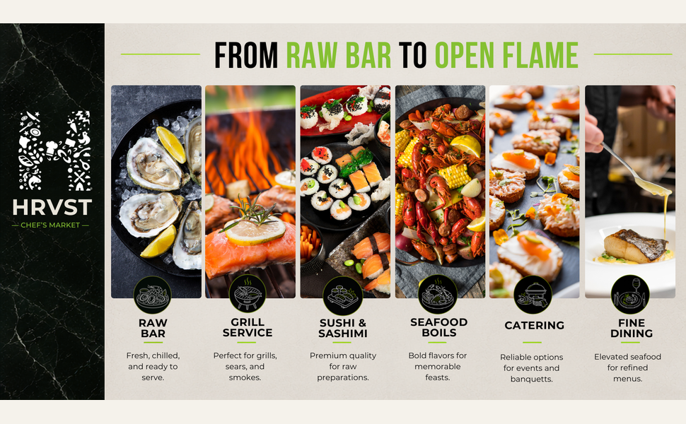 HRVST Chef&amp;#39;s Market seafood selections for raw bar, grilling, sushi, catering and fine dining
