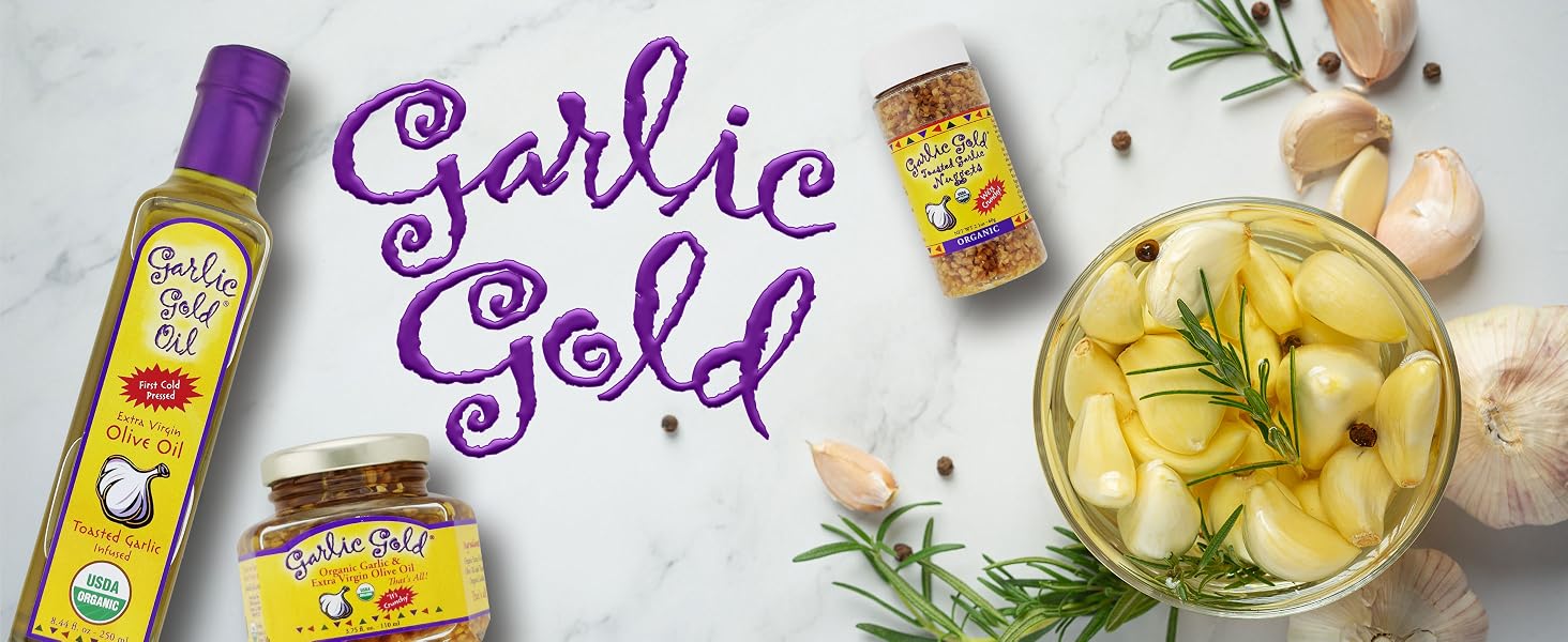 Hand crafted artisanal garlic infused olive oil and crunchy garlic nuggets to water your mouth