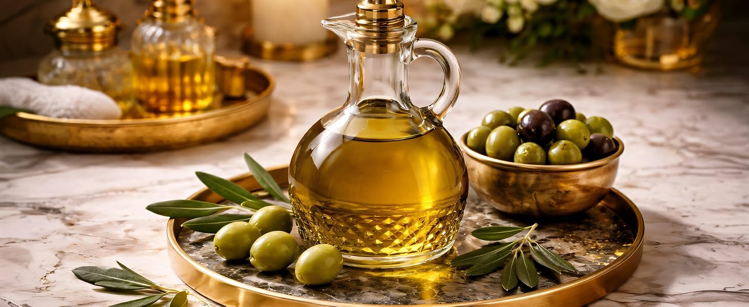 Golden olive oil in a glass cruet on a marble-and-gold tray with fresh olives and olive leaves.