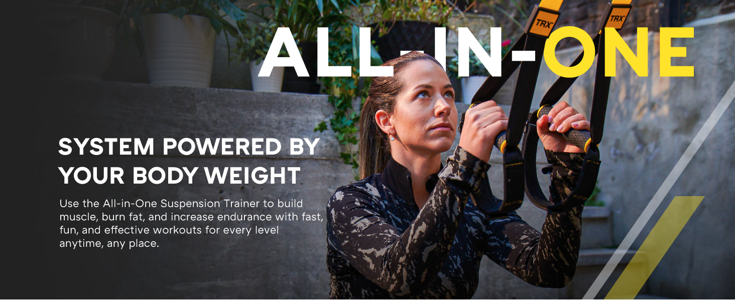 A person using at-home workout equipment outdoors. Text reads: All-in-One Suspension Trainer.