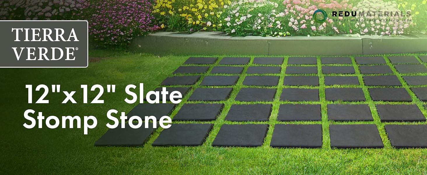 Stomp stones along garden path. Text reads: 12"x 12" Slate Stomp Stone