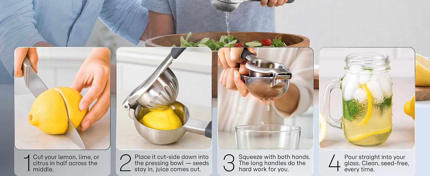 Four steps show how to cut a lemon, press it in the squeezer, and pour clean seed free juice.