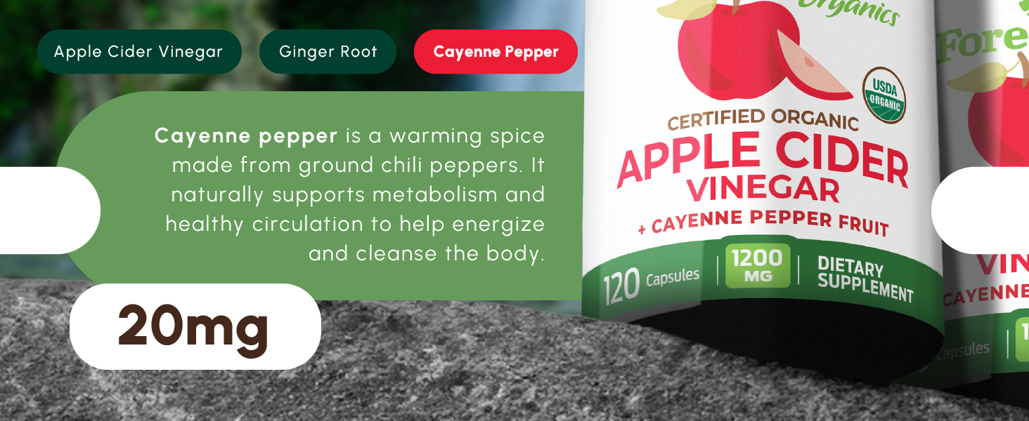 ForestLeaf Organic Apple Cider Vinegar Capsules 1200mg ginger root soothe digestion 20mg cayenne
