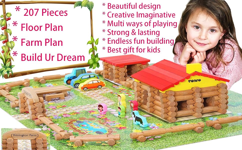 Wooden Lincoln Logs Cabin House Stables Construction Building Farm Playset Farm Animal Toy Kids
