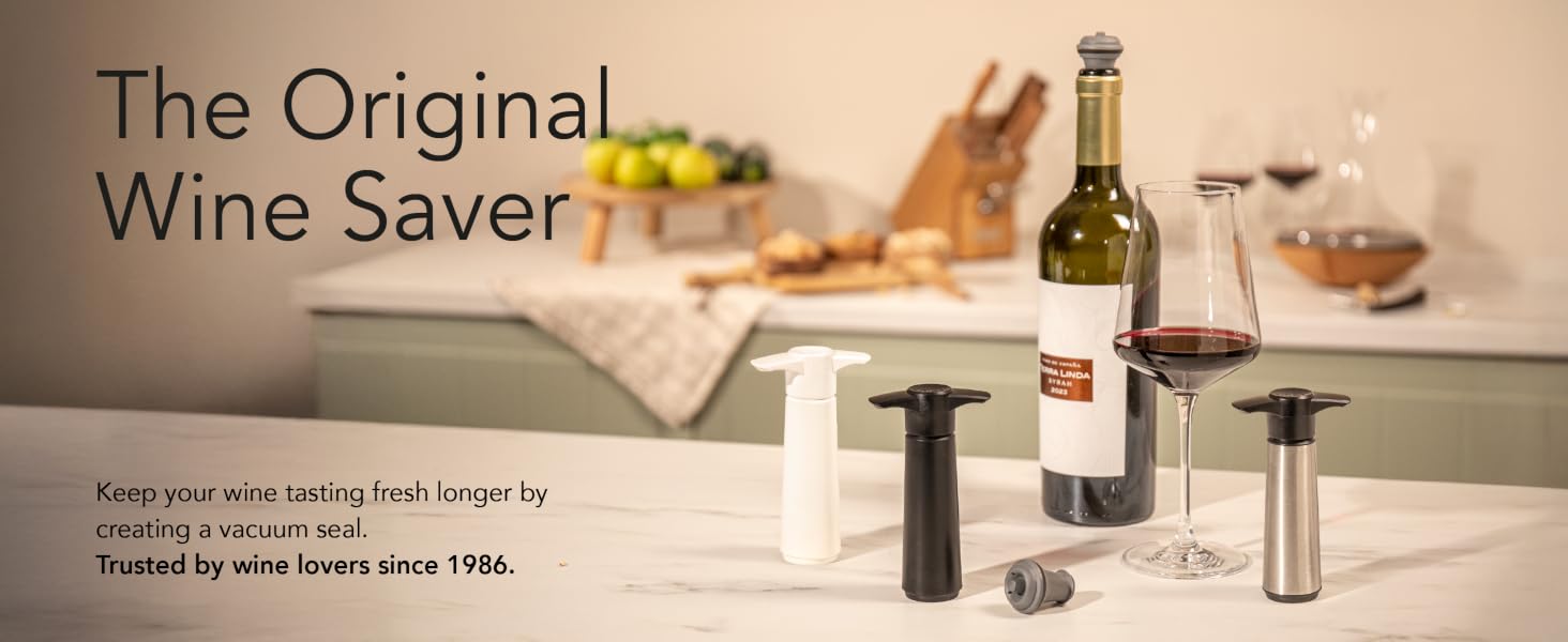 Manual wine vacuum pump with ergonomic grip and reusable wine stoppers to prevent oxidation