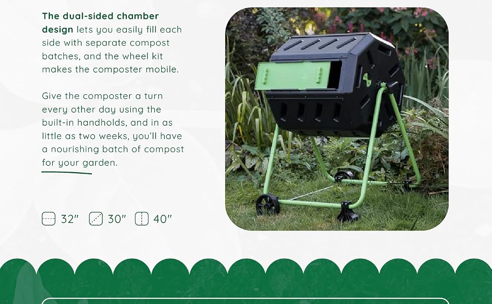 A black-and-green HOTFROG compost tumbler bin. Text reads: Dual-chamber mobile bin design.