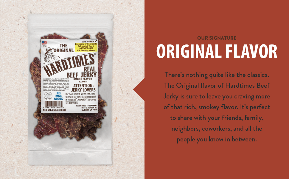 hardtimes beef jerky original flavor hand sliced all natural ingredients 100% american beef quality