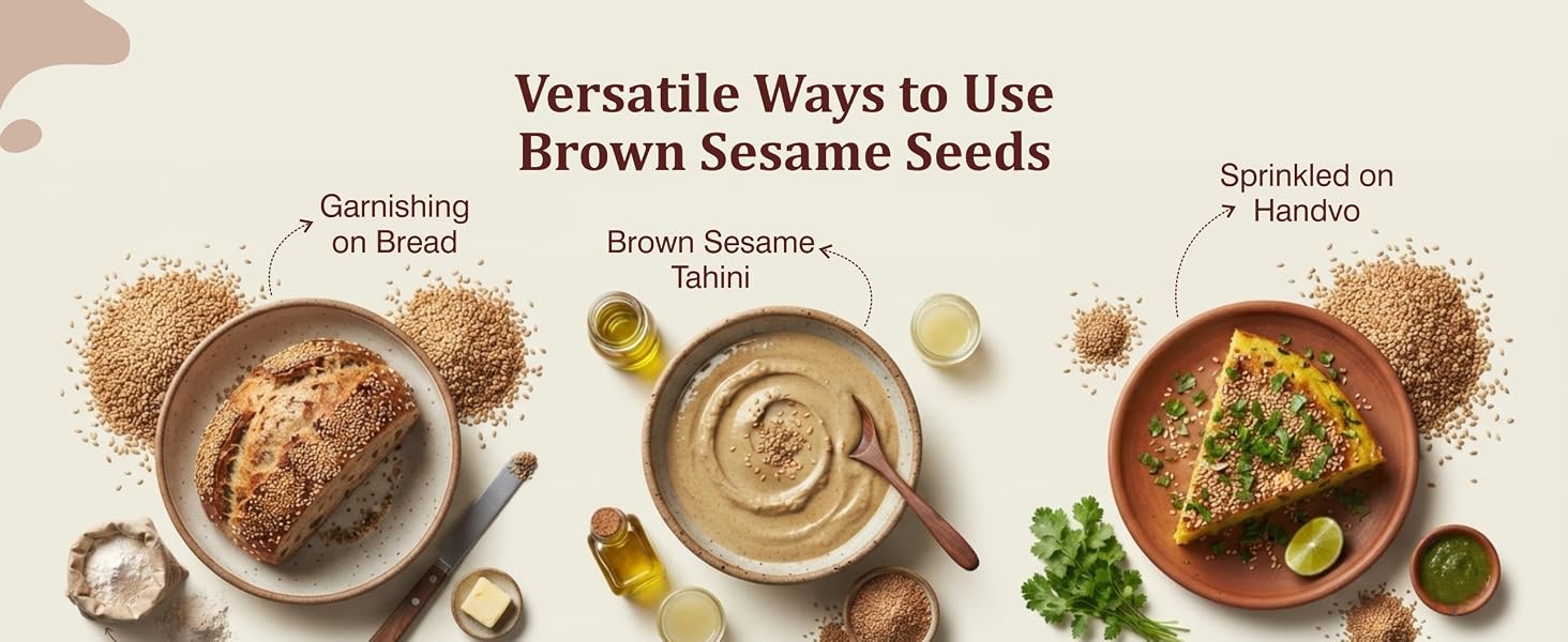 Aiva Brown Sesame Seeds recipe ideas with bread, tahini, and handvo.