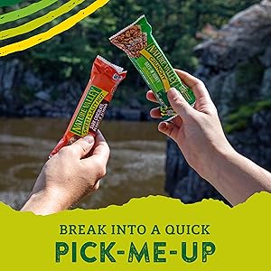 Two people holding up Nature Valley granola bars and the words break into a quick pick-me-up