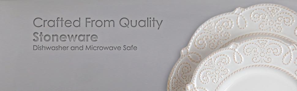 white luna embossed round stoneware dinnerware dish set for 4 microwave dishwasher safe