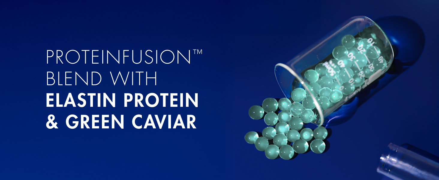 Spilled lab glass filled with caviar next to text about ingredients, including elastin protein.