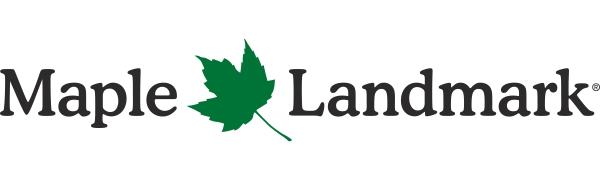 Maple Landmark logo. Green maple leaf between the two words. Text is in black.