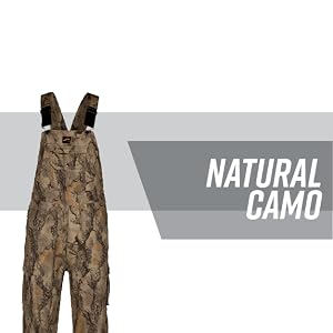 Camo overalls against a white background with gray stripe behind; text reads: natural camo.