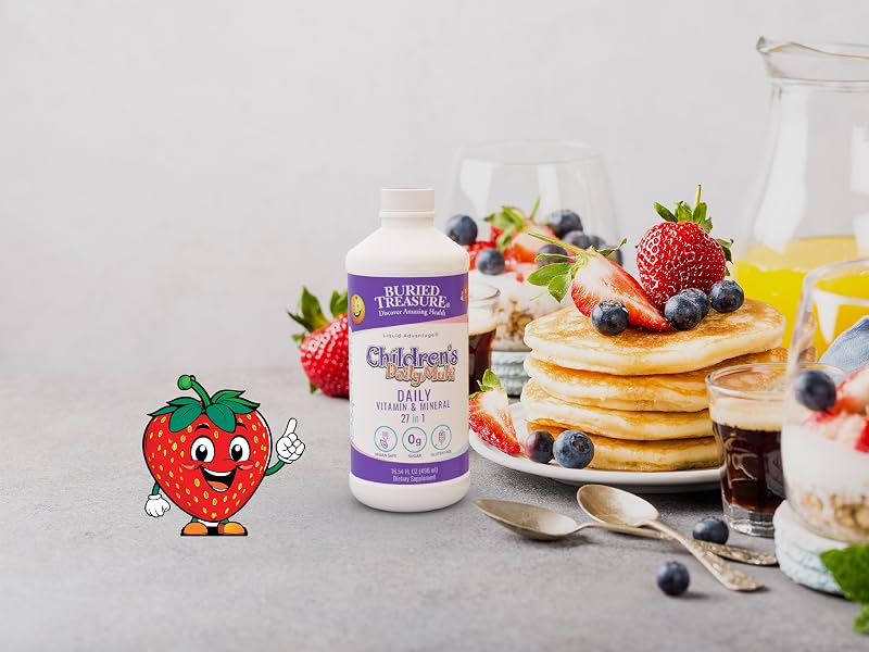 Cartoon strawberry point toward bottle of Children&amp;#39;s Daily