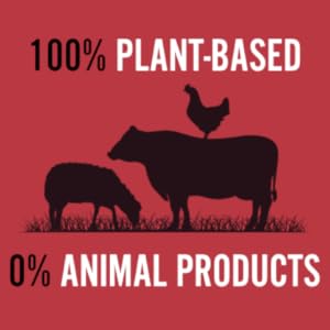100% plant-based, 0% animal products with happy animals in grass (cows, chickens)