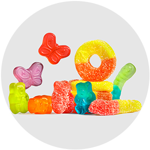 individual flavored gummies, gummi bears, gummy bears, gummy worms, gummi worms, peach rings