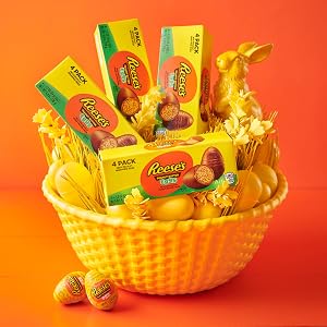 An Easter basket filled with boxes of REESE’S milk chocolate peanut butter creme eggs