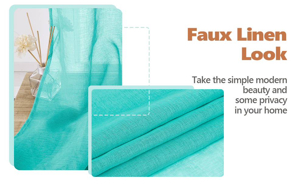 aqua blue faux linen look sheer curtain, soft touch, light filtering, privacy protecting
