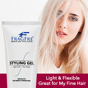 Young white girl with fine hair posing with a tube of fragfre light hold styling gel