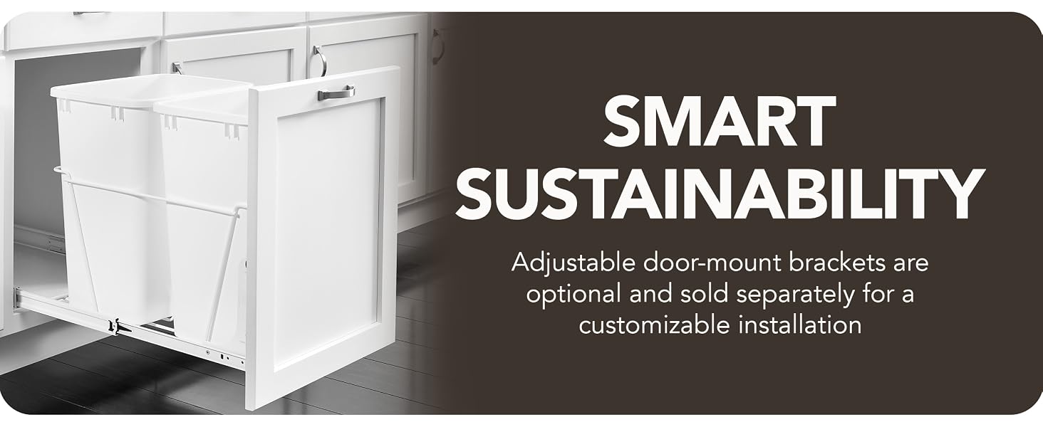 Dual waste containers being pulled out in the cabinet. Text reads: Smart Sustainability.