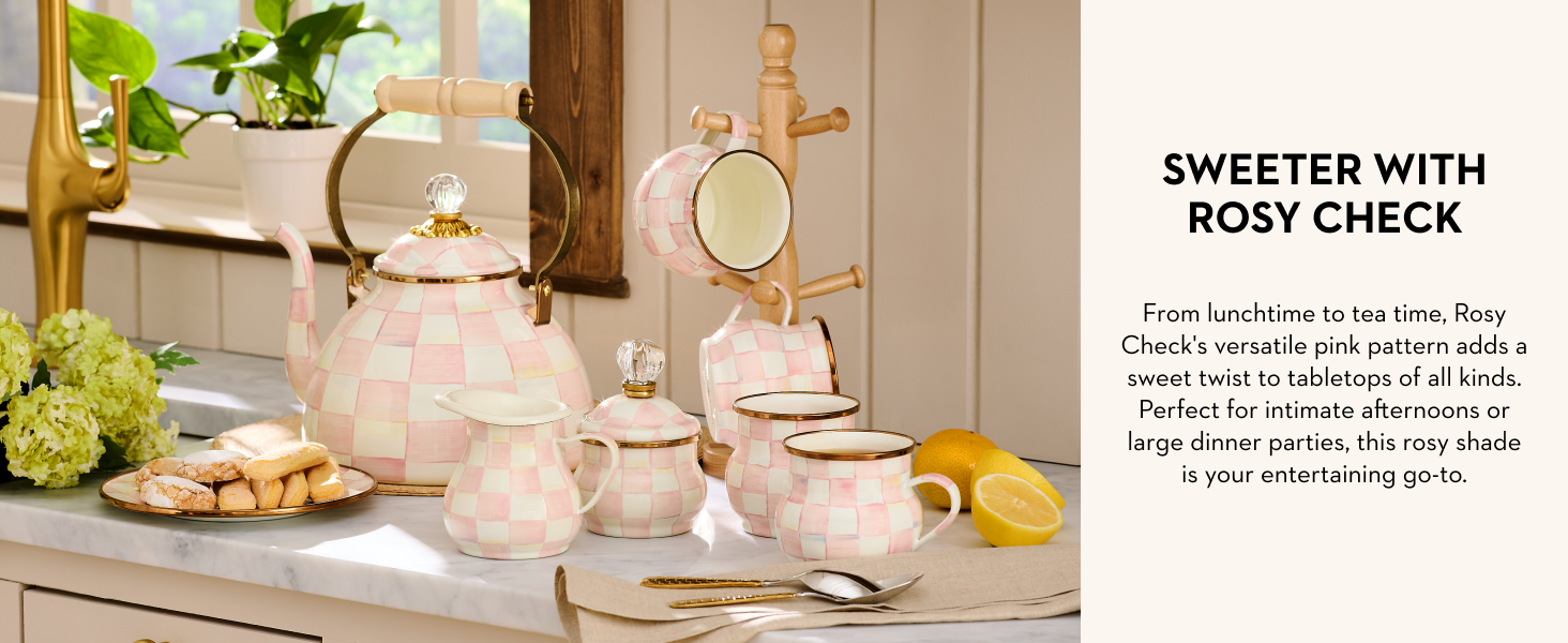 Rosy Check collection, tea kettle and coffee mugs.