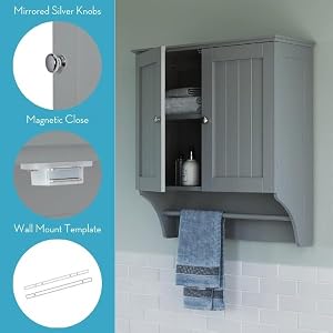 Gray two-door wall cabinet with mirrored knobs, magnetic close and wall mount template