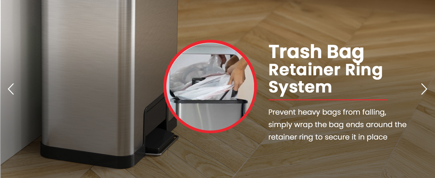 Trash Bag Retainer Ring System prevents a full bag falling in