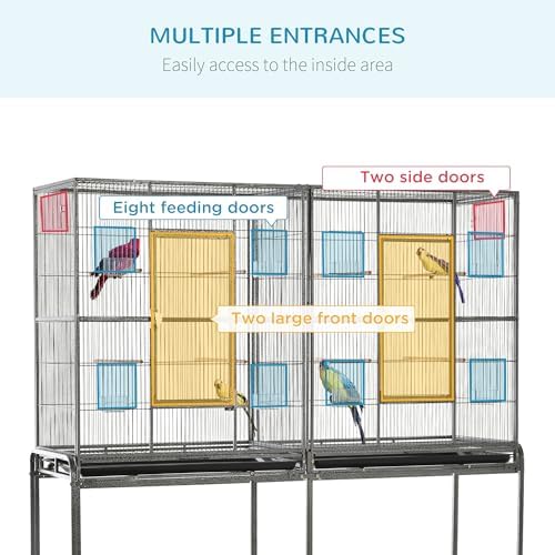 PawHut 65" Double Rolling Metal Bird Cage with Divider, Large Parrot Cage for Parakeet, Canaries, Lovebirds, Budgie, Finch