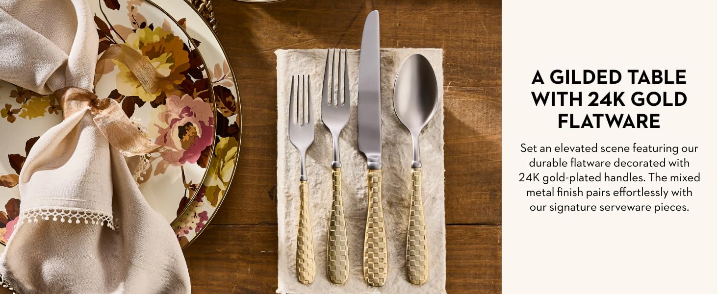 Gold handle flatware for everyday dining or elevated dinner parties.