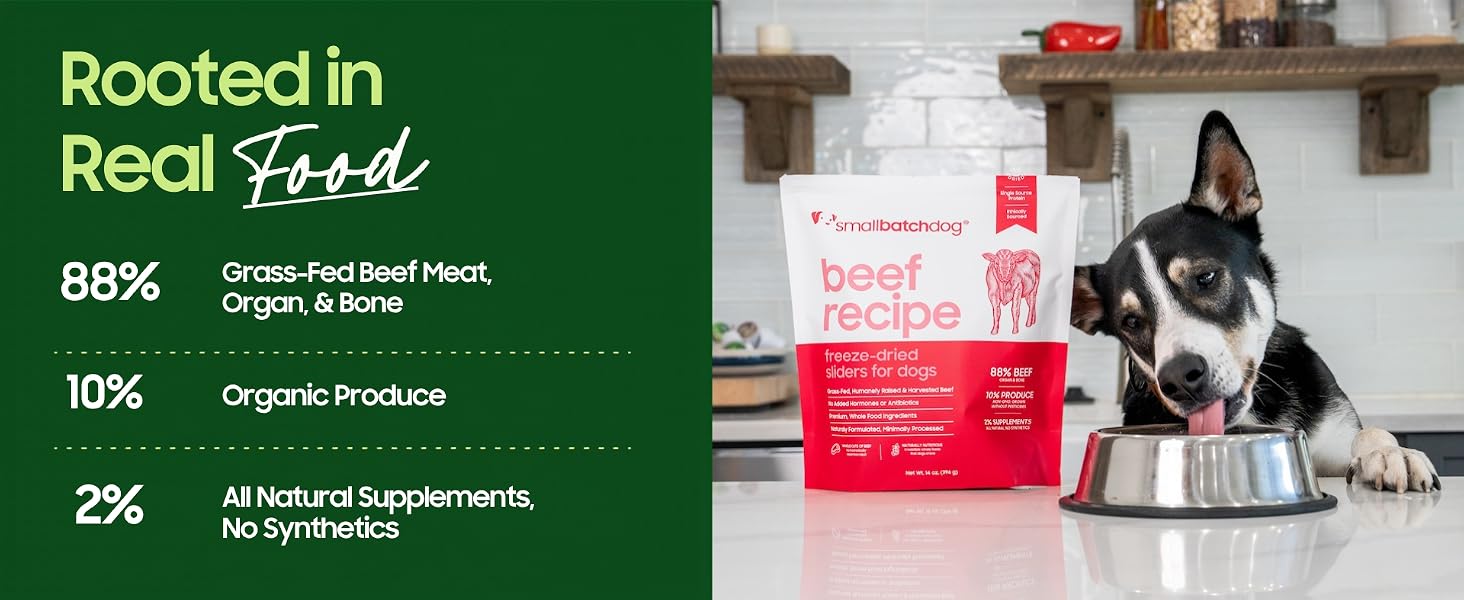 Rooted in real food. 88% grass fed beef, organ, &amp;amp; bone 10% organic produce 2% natural supplements