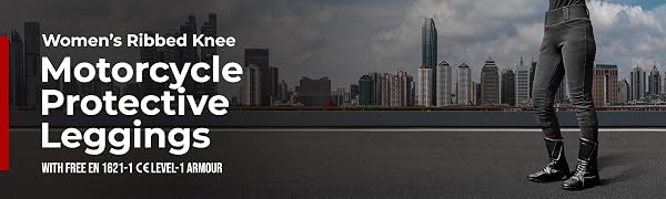 Women's ribbed knee motorcycle protective leggings shown against urban skyline backdrop, highlighting protective gear for riders.