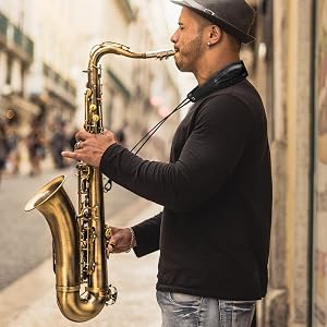 Rinastore Saxophone Strap Leather Sax Neck Strap with Soft Thick Pad for Soprano Tenor Alto Sax